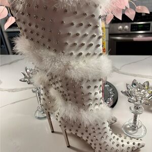 White Studded Fur Trim Boots